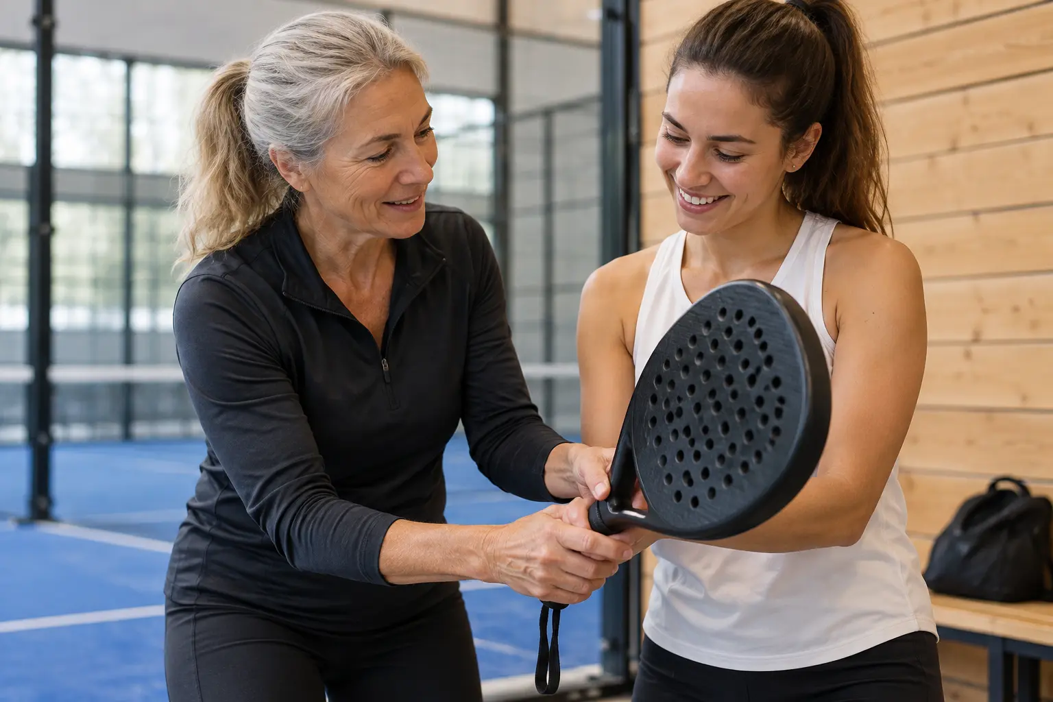 Une entraîneuse accompagne une débutante au padel · Images illustratives générées par IA